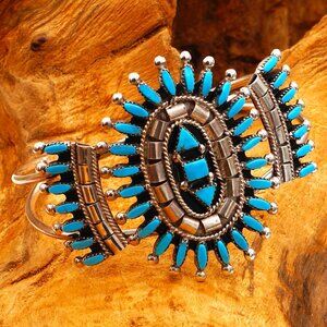 Native American Large Turquoise Needlepoint Silver Zuni Cuff By Evonne Hustito
